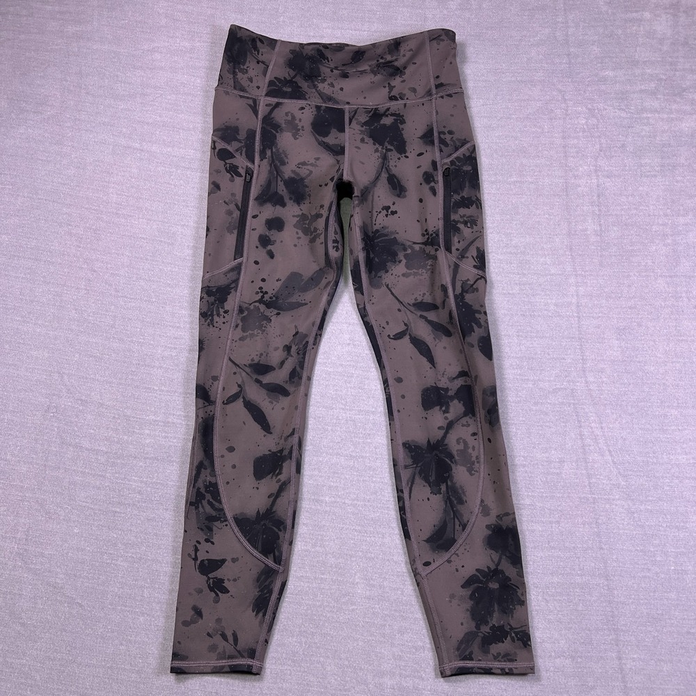 Athleta Womens LightBrown Black Floral Rainier Reflective Pocket Leggings Size M